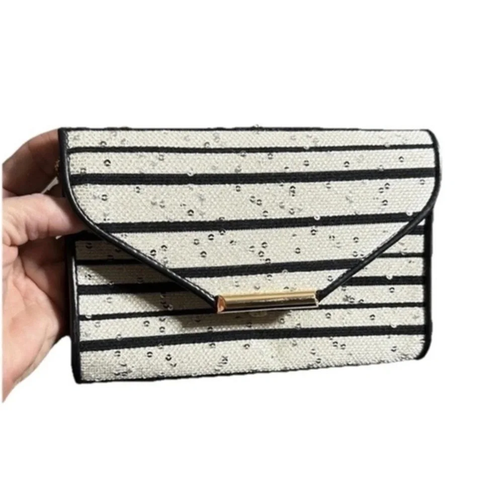 LK BENNET White Black Striped Beaded Lucy Flap Clutch Crossbody Chain Purse Bag